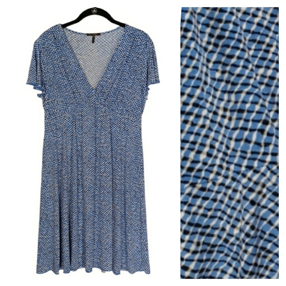 DAISY FUENTES Blue White Black Swirl Stripe Print V-Neck Short Sleeve Dress MP
